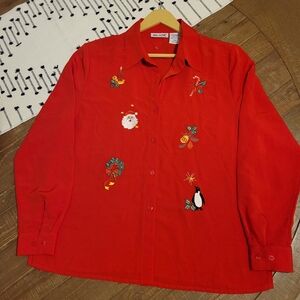 Red Vintage Christmas Button Up Medium Blouse Santa Embroidered By Blair